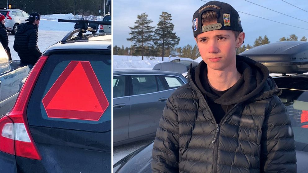 LGF-skylt bak på en svart volovo A-traktor. 16-årige John med svart dunjacka och keps i Timrå.