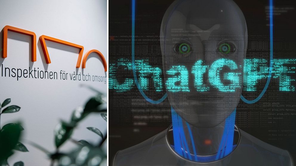 Delad bild. Vänster: IVO-logga. Höger: Digitalt ansikte med texten ”ChatGPT” överlagrad.