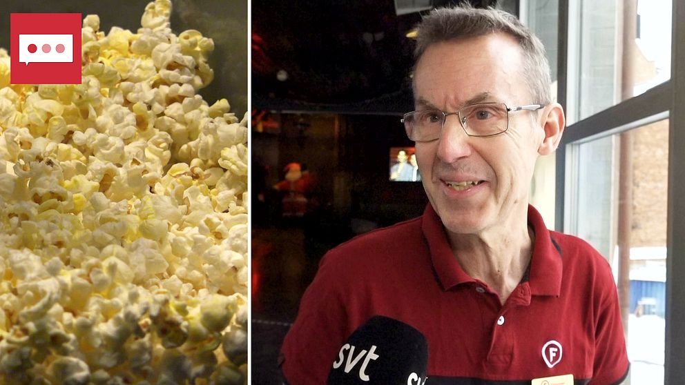 Patrik Gustavsson, chef för Filmstaden i Örebro, står till höger i bild. Han har kort hår, glasögon och en röd skjorta på sig. Till vänster syns smörpopcorn.