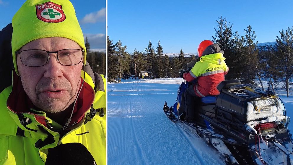 En delad bild med en man i varselkläder till vänster och en skoterförare på en vintrig skoterled till höger