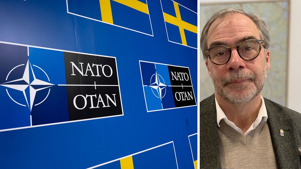 Två bilder, en med Nato-logotyper och svenska flaggan och en porträttbild på Värmlands landshövding Georg Andrén.