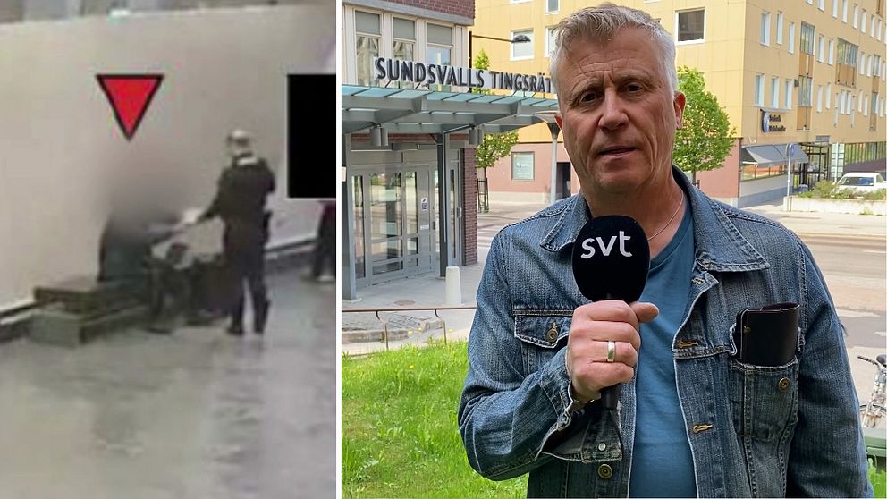 Till vänster en blurrad man som sitter på en bänk och polisen står framför honom, till höger en bild på SVT:s reporter Patric Sellén som står med en mikrofon i handen och tittar in i kameran.