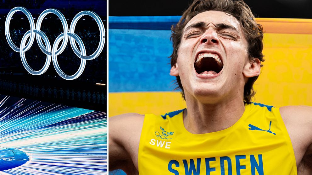 De olympiska ringarna och stavhopparen Armand Duplantis.