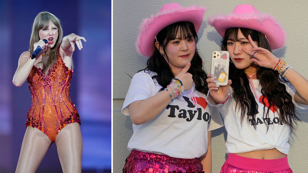 Taylor Swift på scen delad med bild på två japanska Swift-fans i Japan med rosa cowboyhattar på sig.
