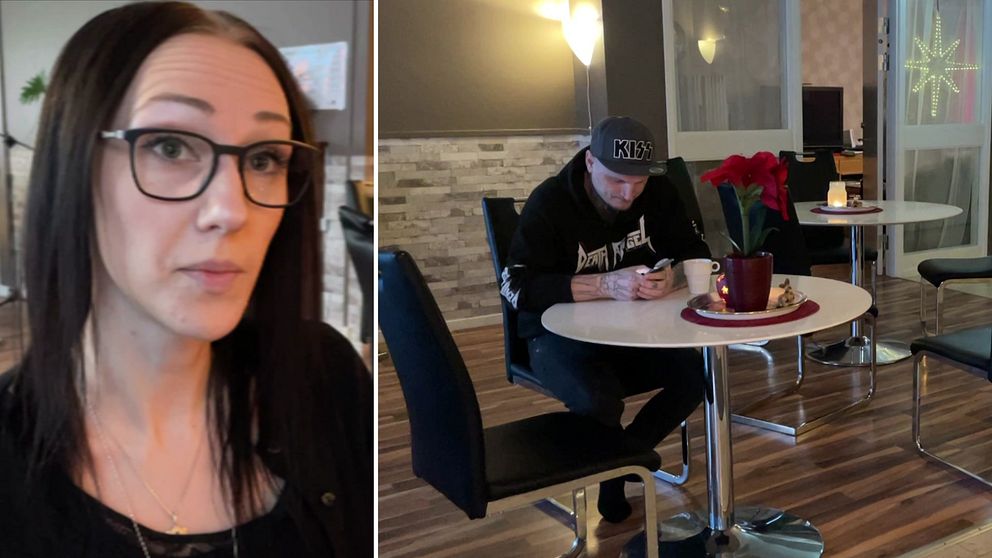 Kollage. Sofi Thalén till vänster och bild på man som sitter vid ett kafébord till höger.