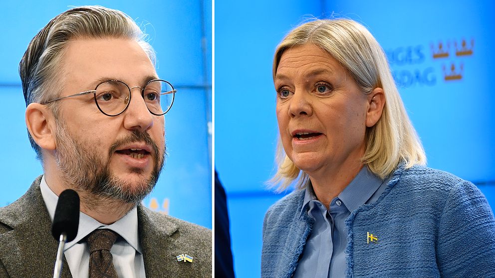 Tvådelad bild av två personer i kostym och kavaj med suddade ansikten.