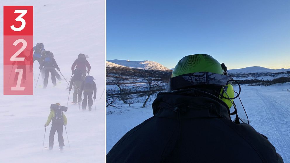 Delad bild på dels offpiståkare och dels skoteråkare i fjällen