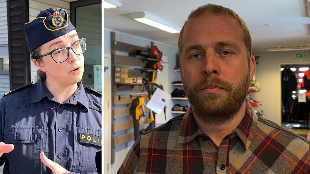 Splitbild med polisens förundersökningsledare till vänster och en besviken butiksägare till höger