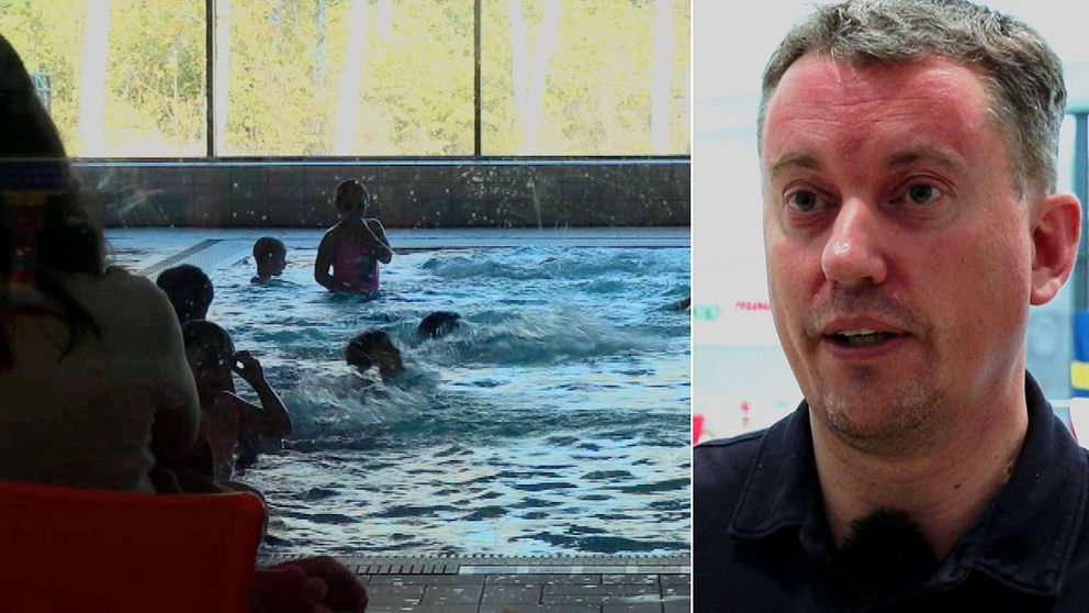 En delad bild som visar två scener. Den vänstra sidan visar flera simmare i en inomhuspool, omgivna av stora fönster som släpper in naturligt ljus. Den högra sidan visar en person med suddig ansikte i en okänd miljö.