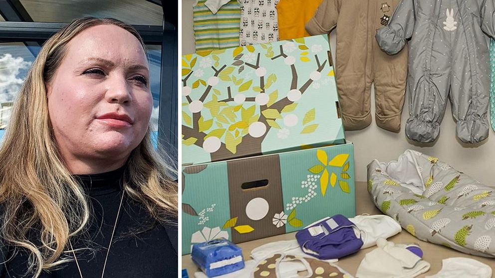 Stina Isaksson gruppledare i Sverigedemokraterna syns i närbild och en bild på en babylåda med overaller, ett babynest och tygblöjor