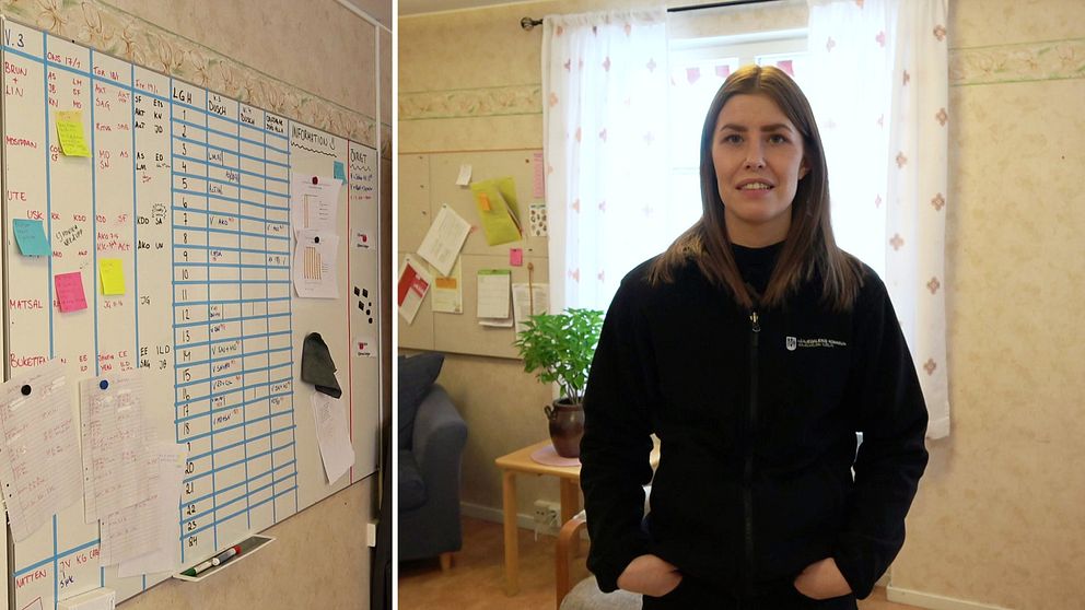 Till vänster: Whiteboard med tejp, text och post it-lappar. Till höger: Ung undersköterska på äldreboendet Svedjegården.