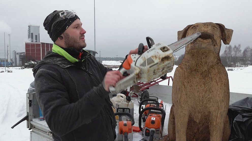 Motorsågsskulptören Johan Karlsson håller en motorsåg i gapet på en stor rottweiler av trä