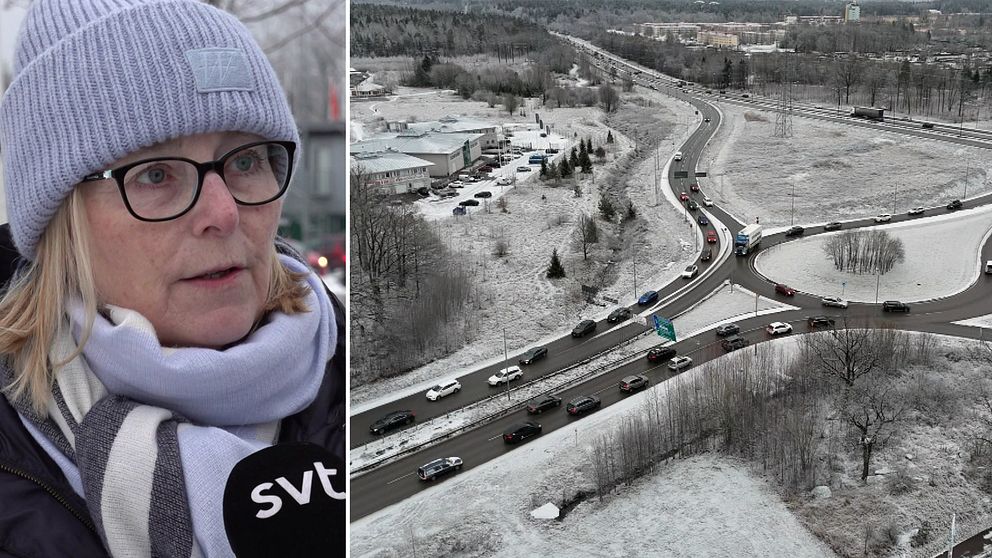 Delad bild av två sektioner. Den vänstra sektionen visar en person bakom en SVT-mikrofon i vinterkläder, medan den högra sektionen visar en flygbild av en trafikstockning på en snötäckt väg.