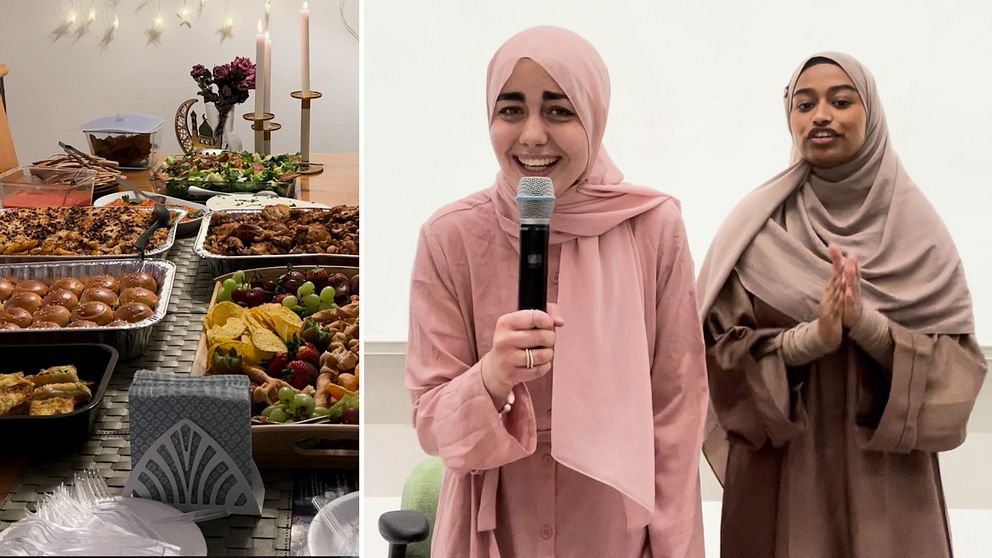 Mat från mellanöstern och två kvinnor i hijab som sjunger.
