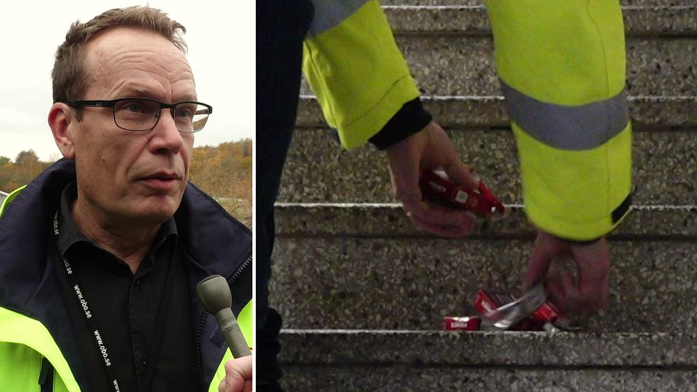 tvådelad bild. Till vänster står en man med glasögon och pratar in i en mikrofon. Till höger syns trappsteg och någon som plockar upp flera cigarettpaket från dem.