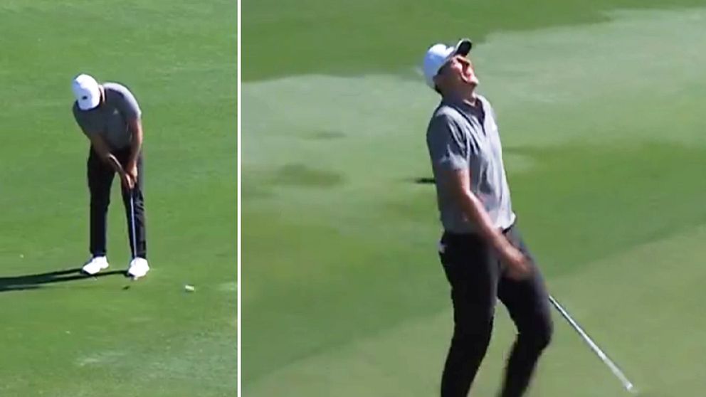 En delad bild som visar en golfspelare i två olika scener: till vänster puttar spelaren bollen på greenen, medan han till höger firar lyckat slag med ett leende och lyfta händerna.