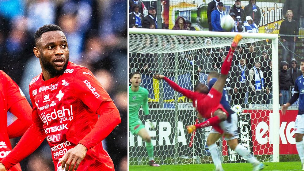 Delad bild. Vänster: Fotbollsspelare i rött ställer upp sig. Höger: Cykelsparksmål i match.