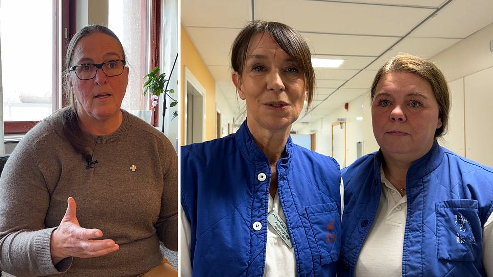 Delad bild. Till vänster: person gestikulerar inomhus. Till höger: två vårdanställda i korridor.