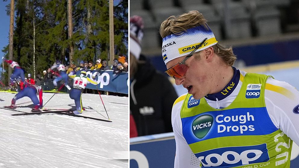 Tvådelad bild. Vänster: skidtävling på snötäckt bana. Höger: längdskidåkare i sponsrat tävlingsställ.
