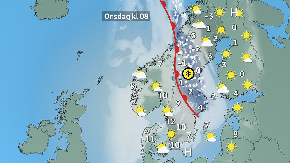Prognoskarta som visar vädret i Sverige på onsdag morgon.