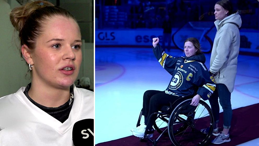 Mira Jungåker bild till vänster – ung tjej med uppsatt hår och ljus tröja. Bild två: hv 71:s lagkapten Sanni Hakala sitter i en rullstol och tar emot hyllningar i Husqvarna garden