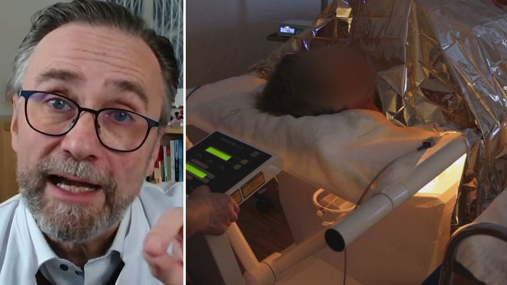 En delad bild som visar två scener. Den vänstra sidan visar en man med en vit skjorta som gestikulerar medan han pratar. Den högra sidan visar en person som ligger på en behandlingsbänk täckt med en metallisk filt, med en apparat ansluten som förmodligen används för medicinsk behandling.