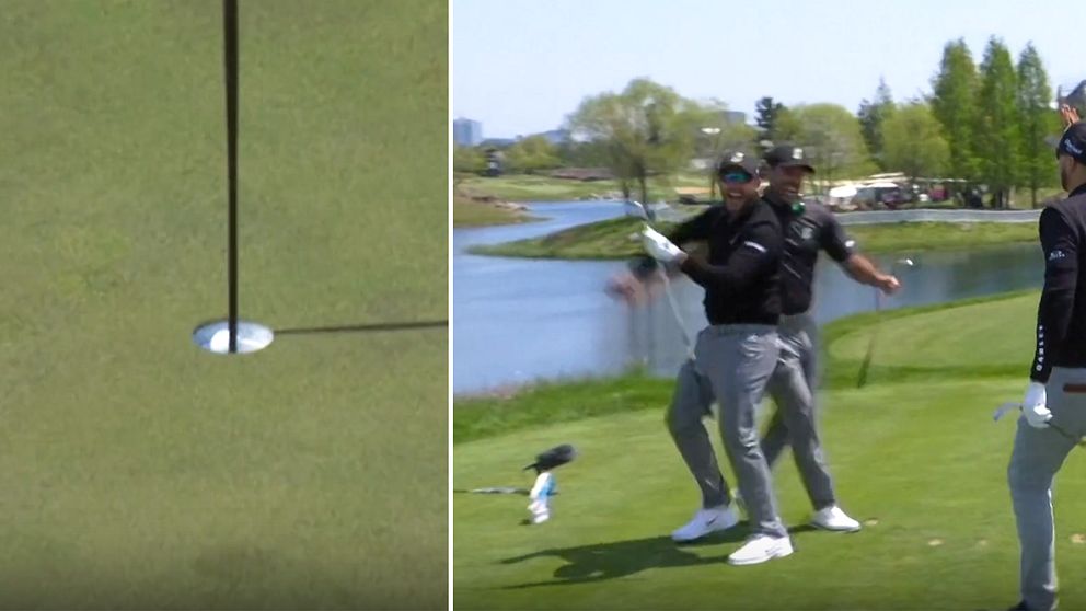 Delad bild. Till vänster: golfboll nära hålet. Till höger: golfare firar vid vattnet.