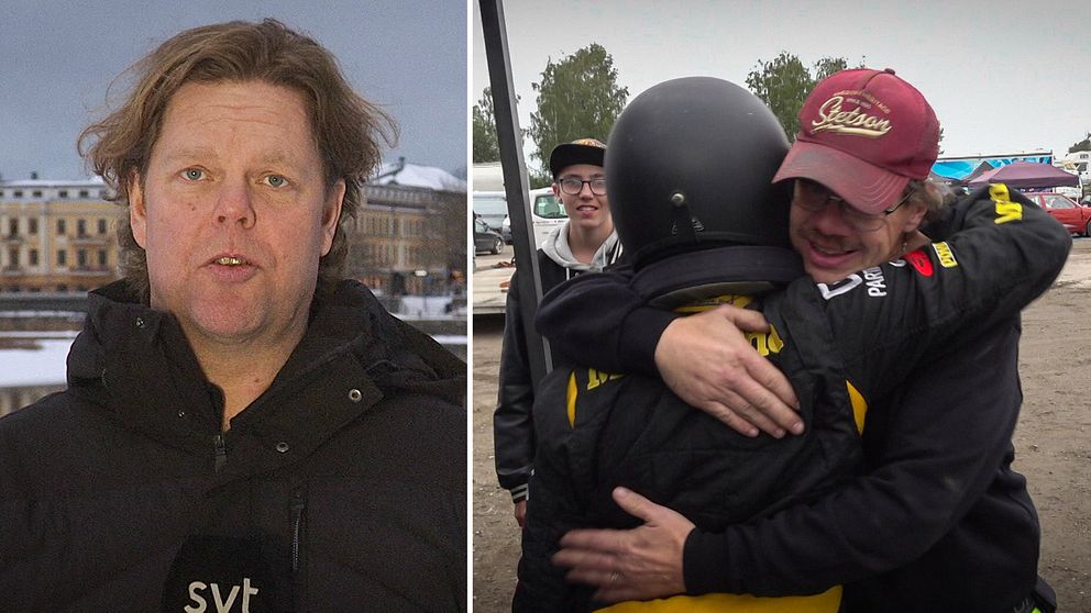 Reporter Håkan Wikström och folkrace förare får kram