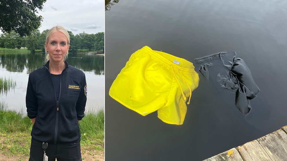 Till vänster: Caroline Olausson, kommunikatör på Södra älvsborgs räddningstjänstförbund, står vid en sjö. Till höger: Ett par neongula och ett par svarta badbyxor i vattnet.