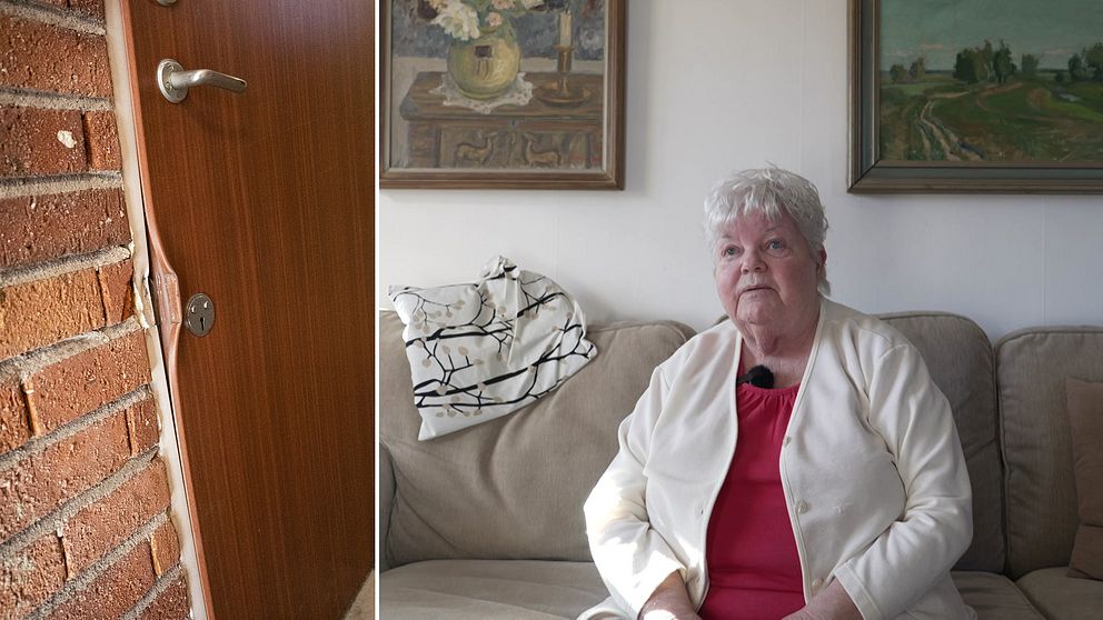 Uppbruten dörr, en äldre kvinna hemma i soffan som berättar