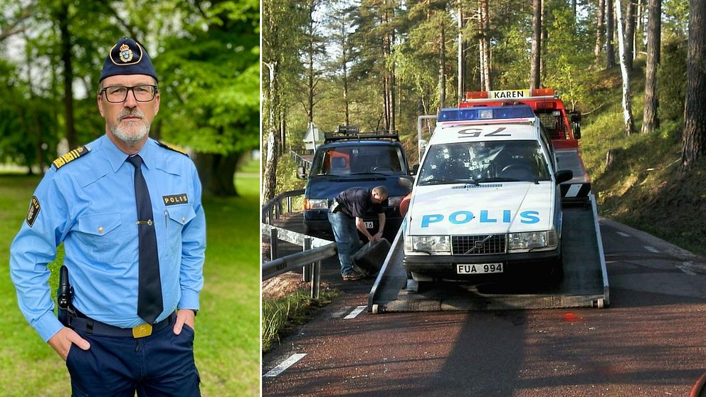 Polischef porträtt och en polisbil som bärgas