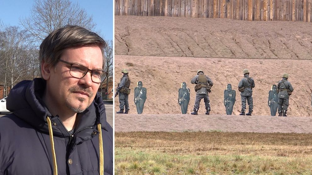 En bild på Christian Lövgren kommunikatör på FMTS och en bild på en skjutbana med militärer