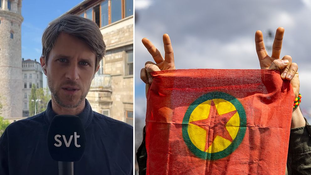 Vänster:Tomas Thorén, SVT:s Turkietkorrespondent Höger: Händer som håller upp en PKK-flagga.
