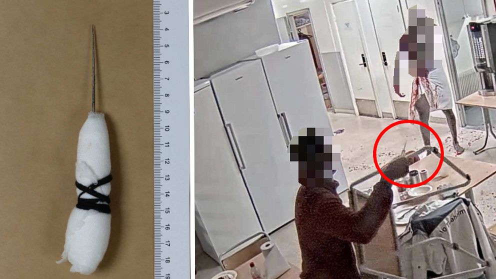 Tvådelad bild. Vänster: Beslagtagen kniv med linjal. Höger: Övervakningsbild av person med rödmarkerad kniv.