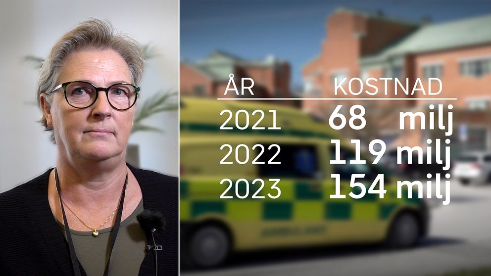 Delad bild: Marie Loob syns till vänster. Ambulans med siffror över kostnader syns till höger.