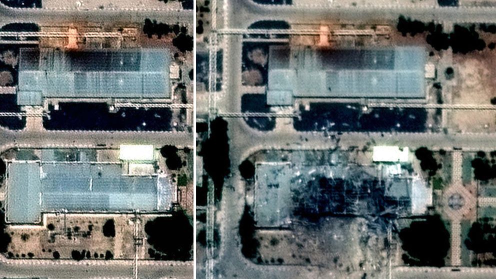 Satellitbilder före och efter visar en byggnad som förstörts av en explosion.