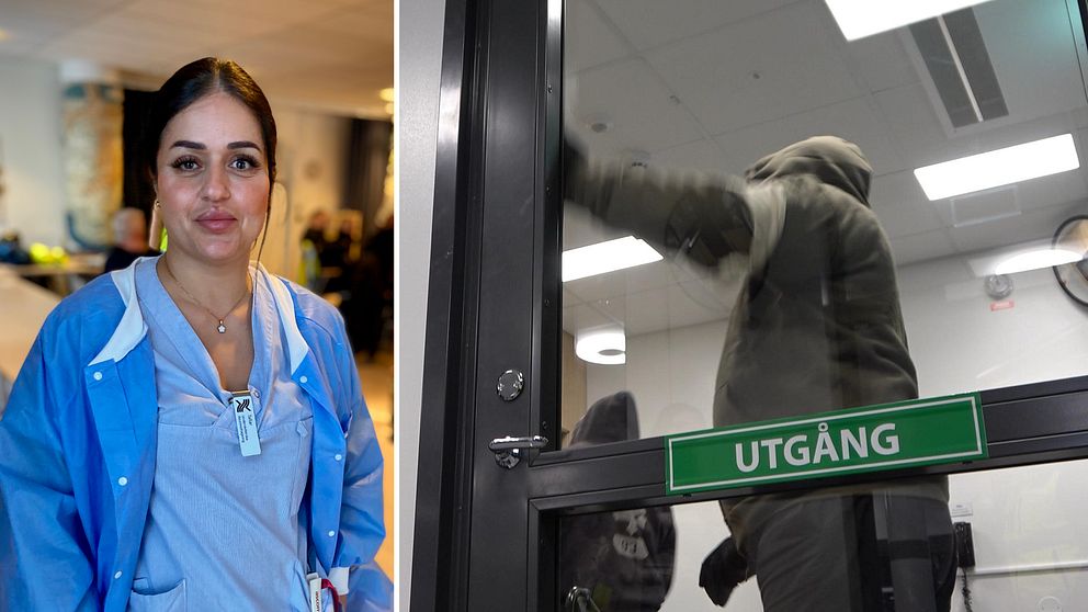 I bild till vänster undersköterskan Tallar Mustafa. I bild till höger: två män med huvjackor utanför luckan på akuten, varav en bankar på dörren.