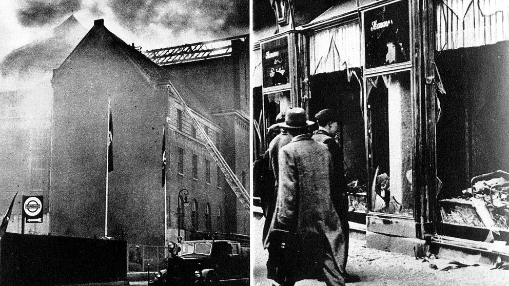 Bild från Kristallnatten 1938 med vandaliserad judisk butik.