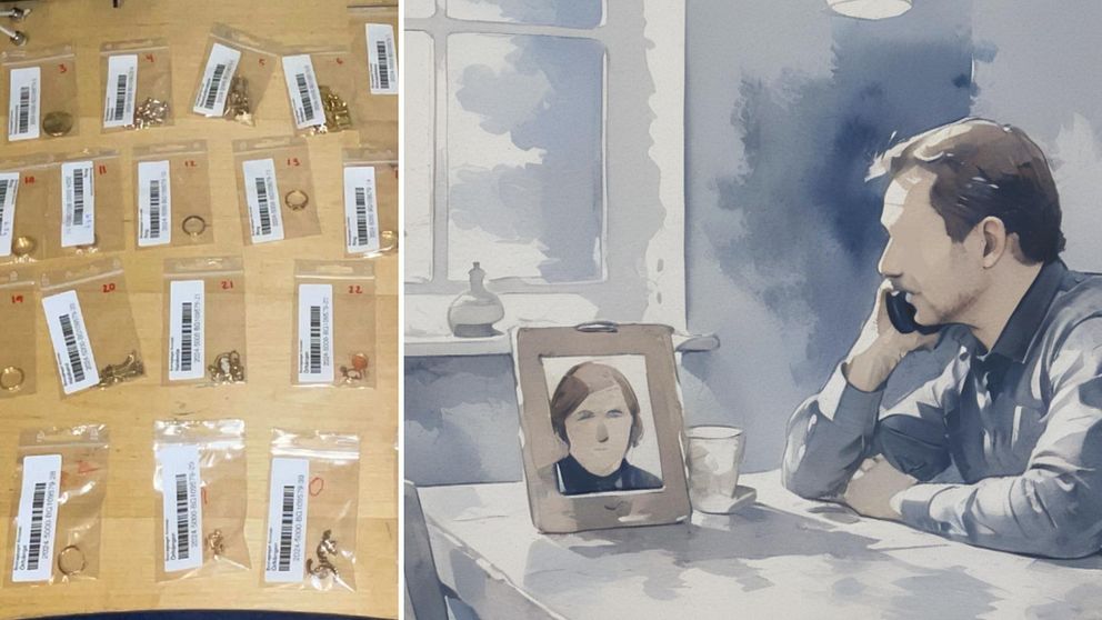Delad bild: Beslagtagna smycken ligger på rader i små plastpåsar. Samt AI-genererad illustration i akvarell-stil på en man som sitter vid ett bord med ett fotografi på en äldre kvinna.
