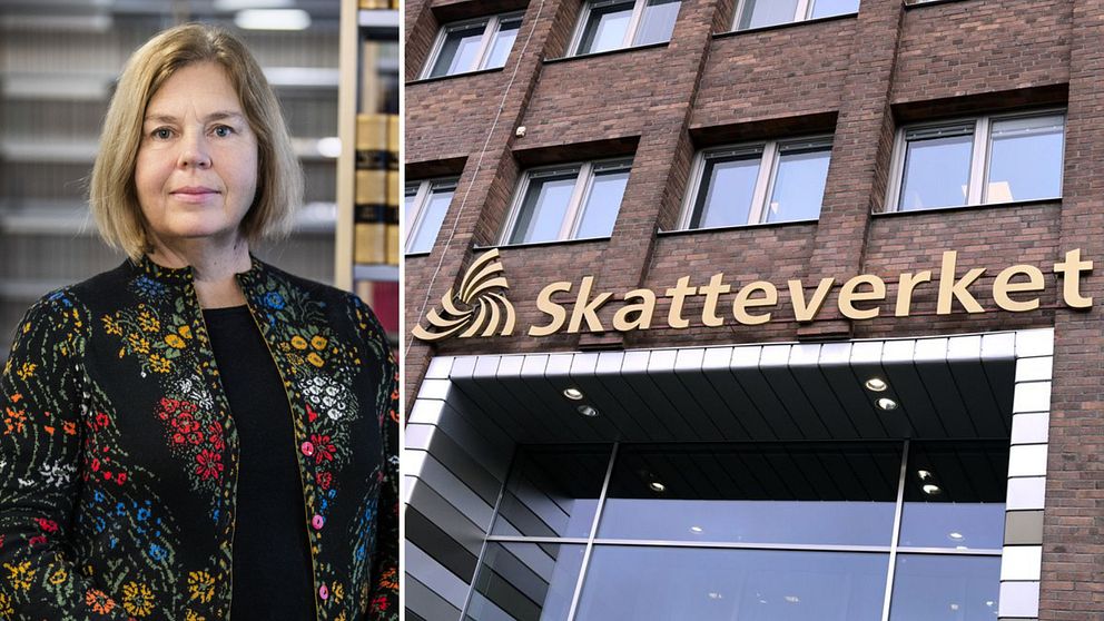 Till vänster en porträttbild på Pia Blank Thörnroos som är skattejurist på Skatteverket och till höger en bild på Skatteverkets huvudkontor i Solna och Skatteverkets logotyp i guldfärg