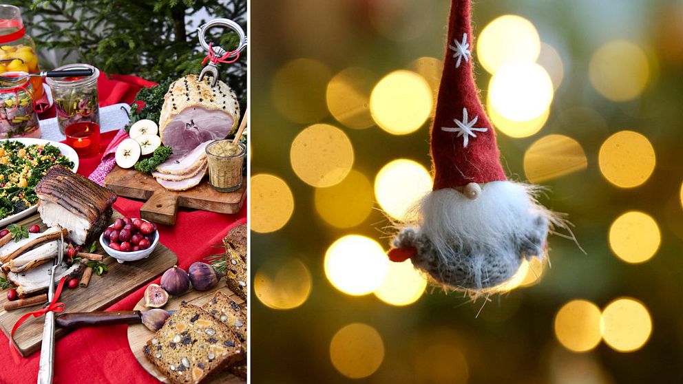 Till vänster ett dignande julbord med julskinka senap bröd fikon och tända ljus bredvid en julgran och till höger en filtad jultomte som hänger i en gran med julgransbelysning bakom