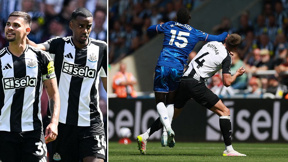 Delad bild. Vänster: Newcastle-spelare i svartvitt ställ. Höger: spelare i närkamp på planen.