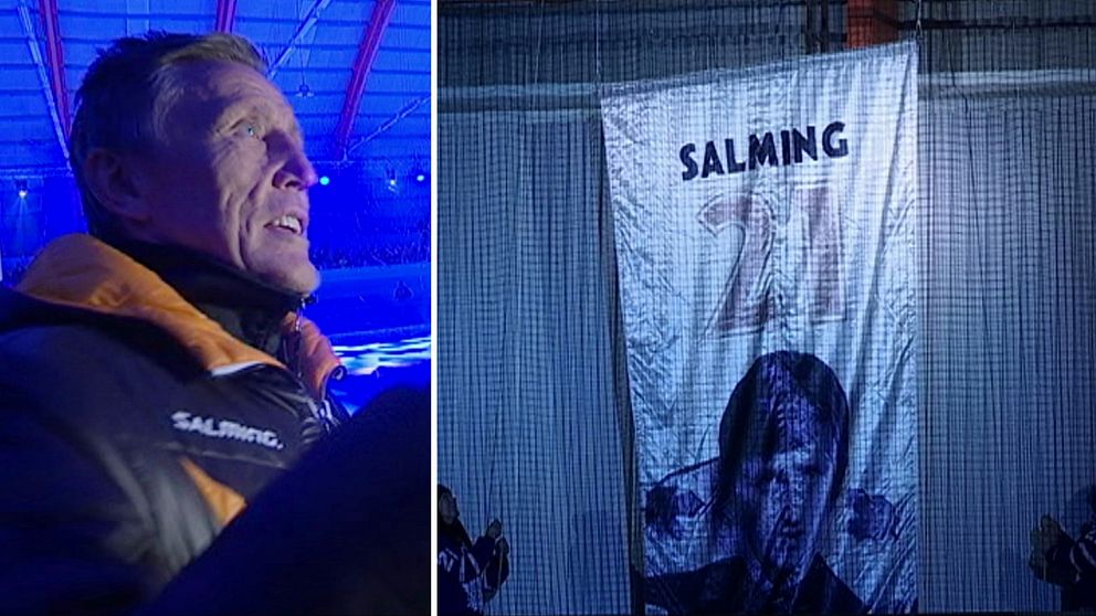 Börje Salming tittar på när hans tröja hissas till taket i Matorjärvi ishalll 2016.