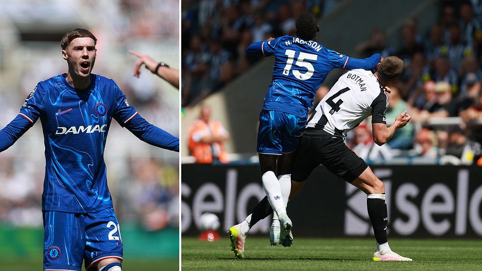 Delad bild. Vänster: fotbollsspelare gestikulerar. Höger: hård duell mellan två spelare.