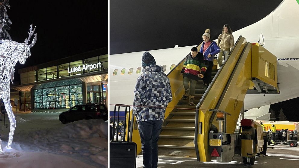 Luleå airport och franska turister på väg ut ur ett flygplan