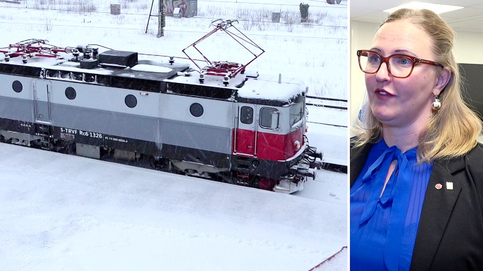 En delad bild som visar ett tåg under vintern. Den vänstra sektionen visar ett lokomotiv som står stilla på en snöklädd perrong. Den högra sektionen visar Luleås kommunalråd, Carina Sammeli (S), klädd i svart jacka och blå blus som är i fokus.