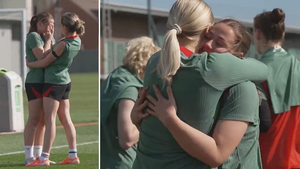 Tvådelad bild. Till vänster: Fotbollsspelare kramas. Till höger: Spelare i lagkram.