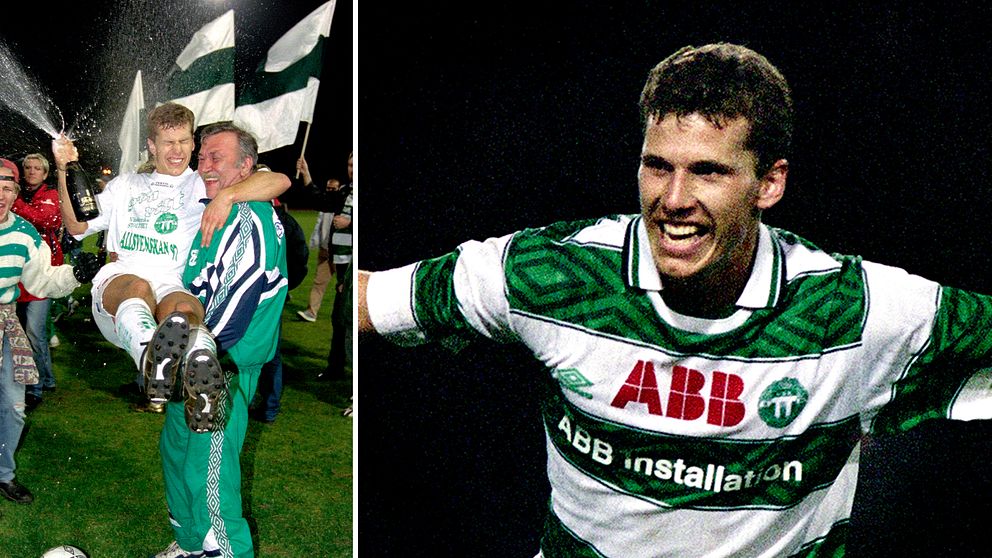 Mathias Elison, Västerås SK, firar efter VSK:s avancemang till allsvenskan 1996