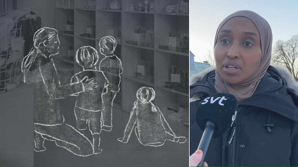 Tvådelad bild. Vänster: tecknad familj i förvaring. Höger: intervju med kvinna i fokus.