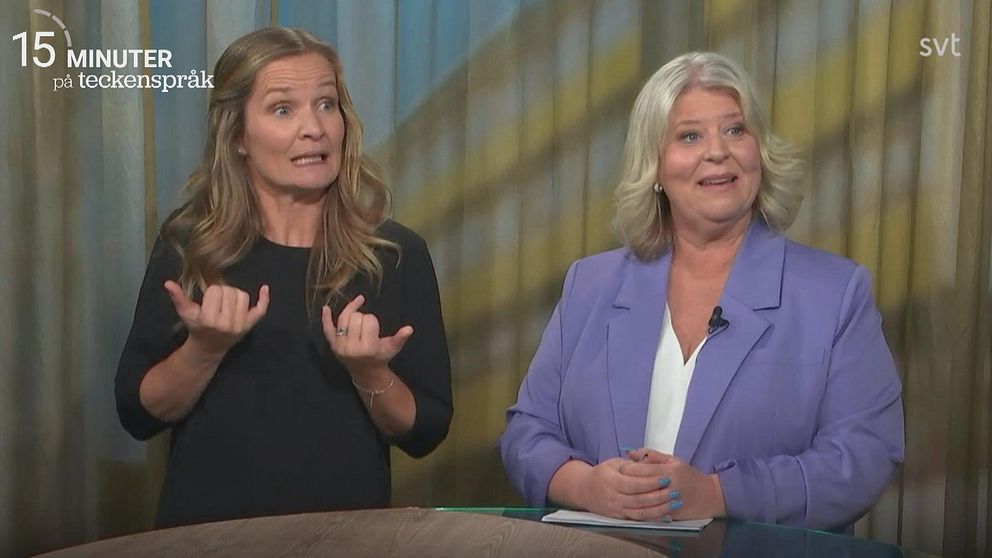 Socialtjänstminister Camilla Waltersson Grönvall (M) bredvid en teckenspråkstolk